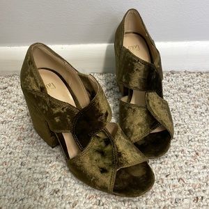 CAbi Green Velvet Open-Toe Block Heels